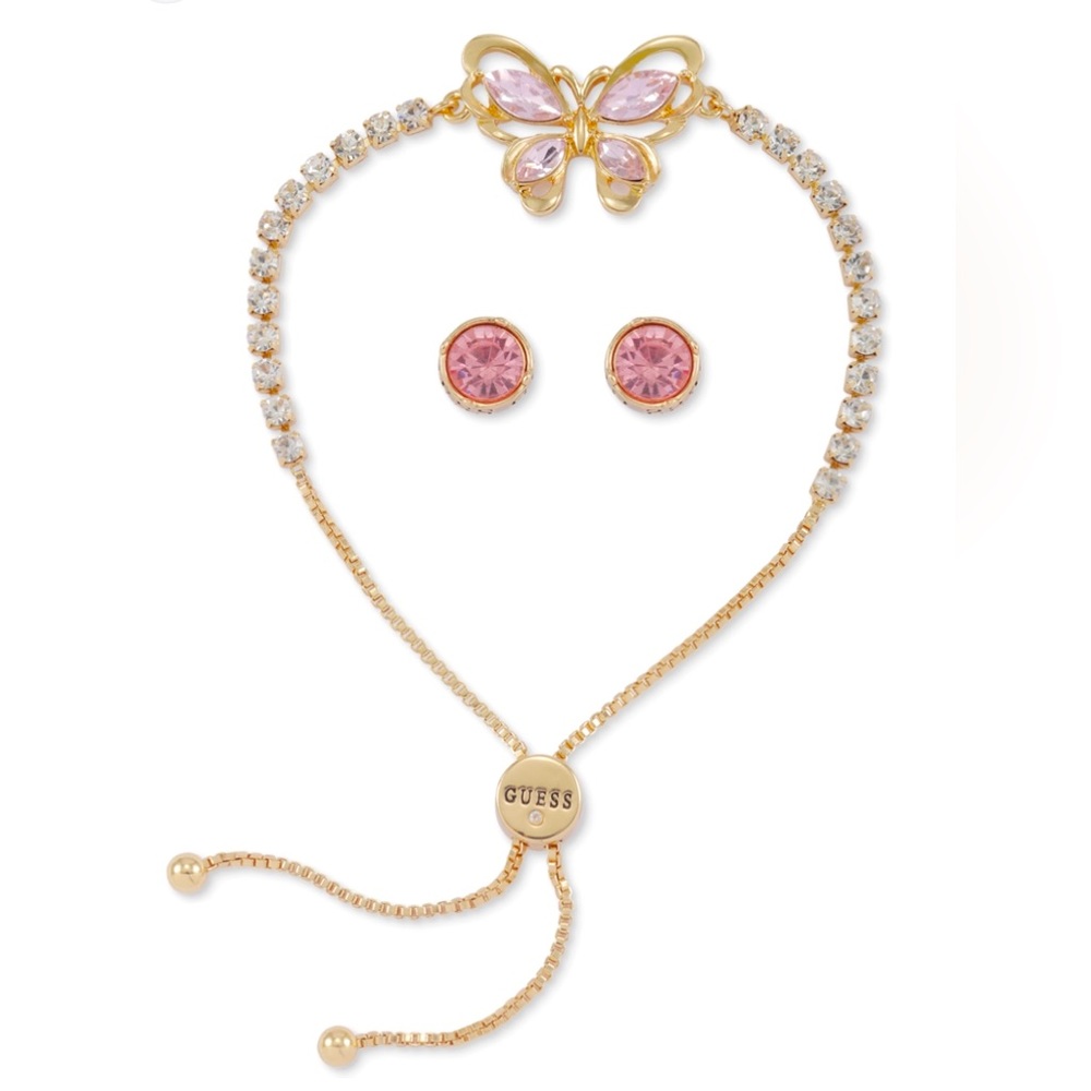 GUESS Gold-Tone Pink Crystal Butterfly 🦋 Slider Bracelet & Stud Earrings Set